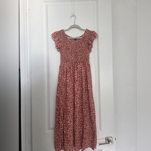 Girls Red Floral Smocked Maxi Dress